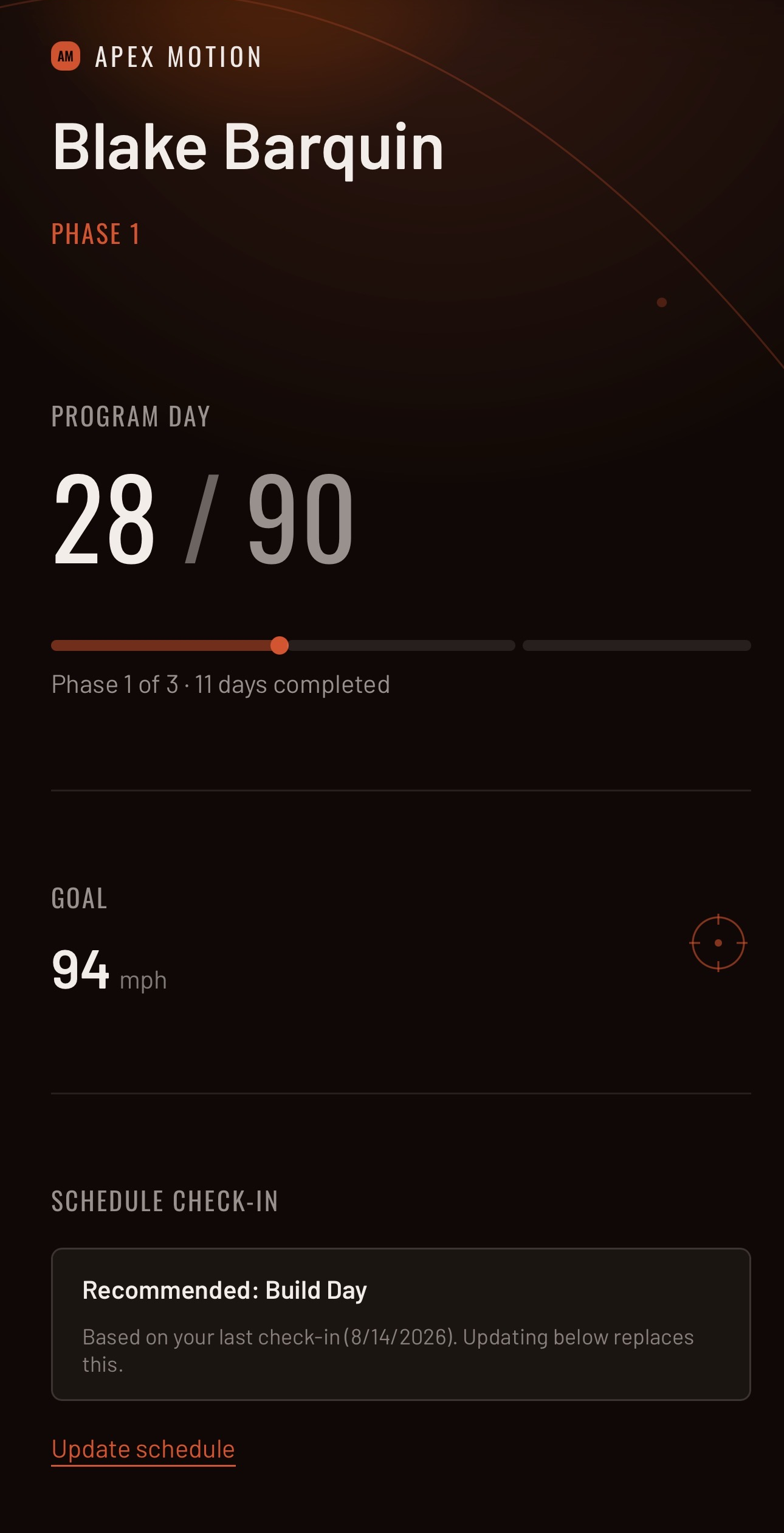 Apex Motion app dashboard showing program day and phase progress