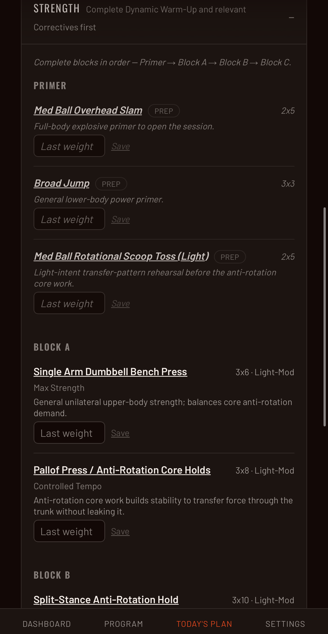 Apex Motion app showing today's strength session with exercise blocks