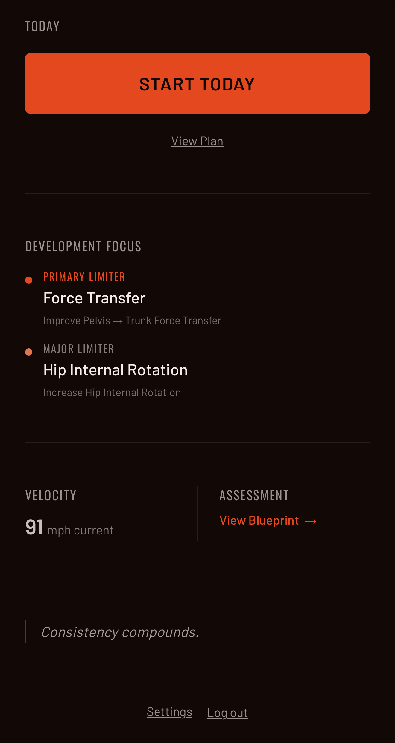 Apex Motion app showing ranked development focus and current velocity